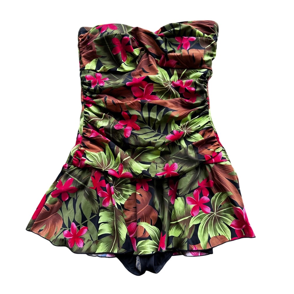 Tropical Floral Strapless Swim Dress‎ One Piece Swimsuit Ruched Pink Green